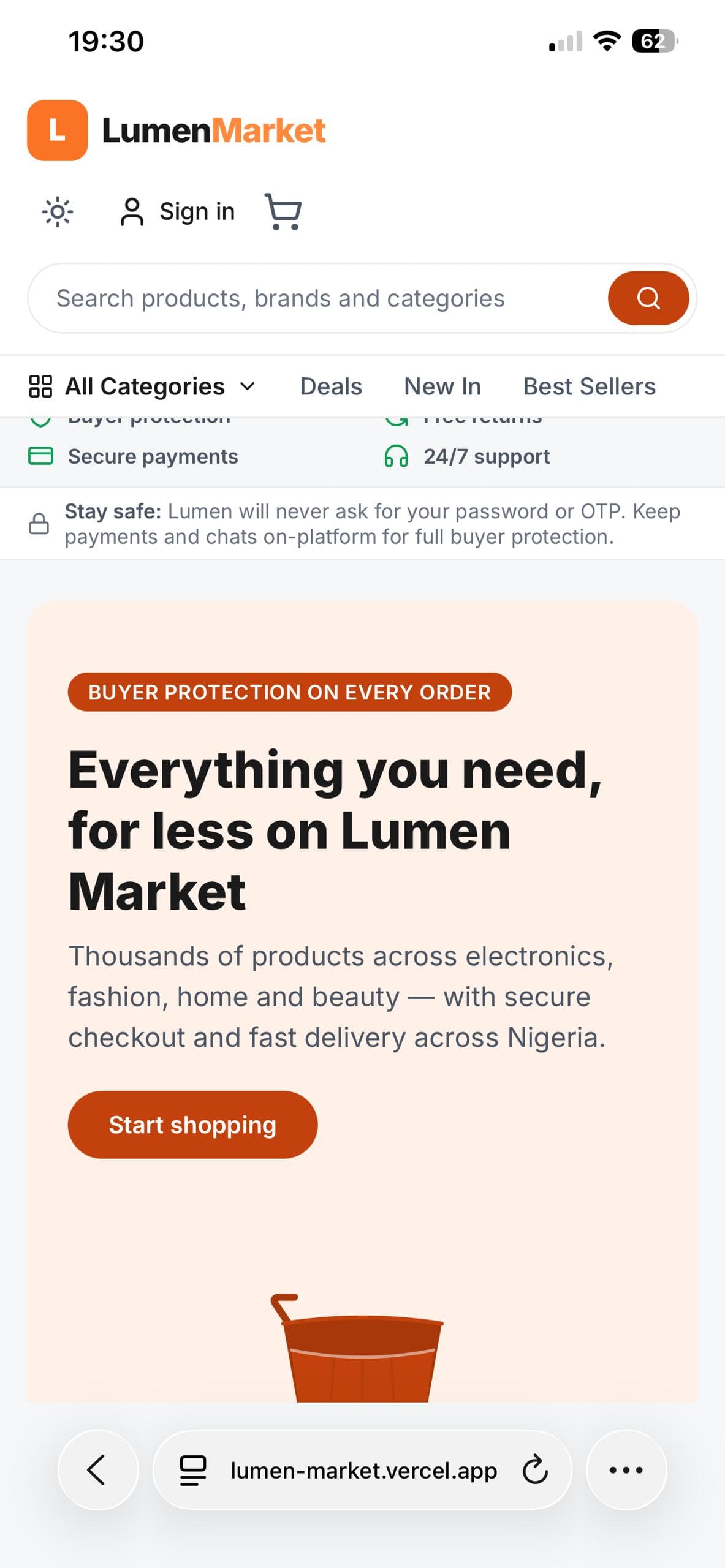 Lumen Market on a phone: logo and cart at the top, a full-width product search, a row of buyer-protection and returns assurances, and the promotional panel stacked beneath them.
